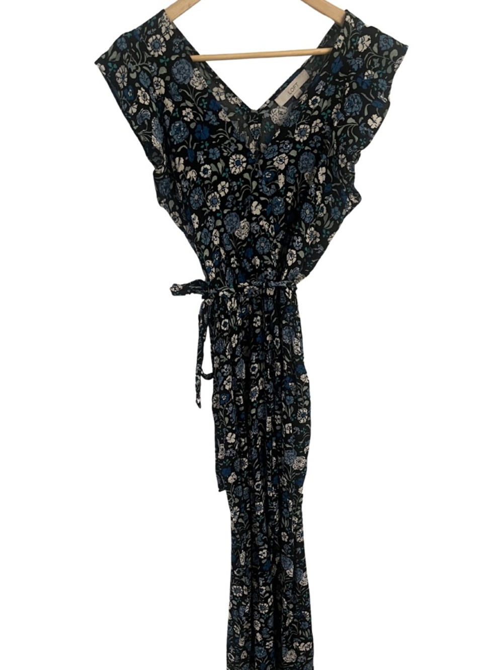 Loft Floral V-Neck Wide-Leg Jumpsuit in Blue | Size Small - Picture 3 of 12